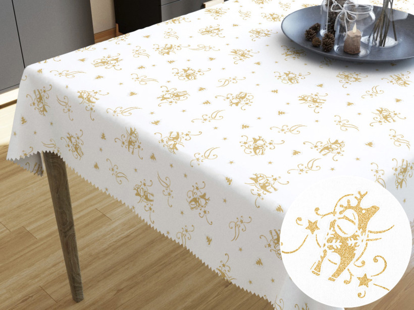 Față de masă din teflon - model 417 de Crăciun - reni aurii pe alb