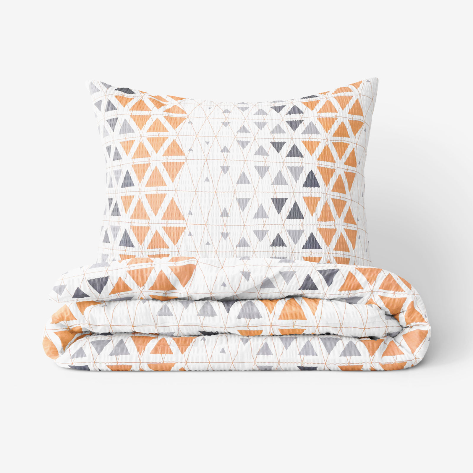 Lenjerie de pat creponată Deluxe - triunghiuri gri-portocalii