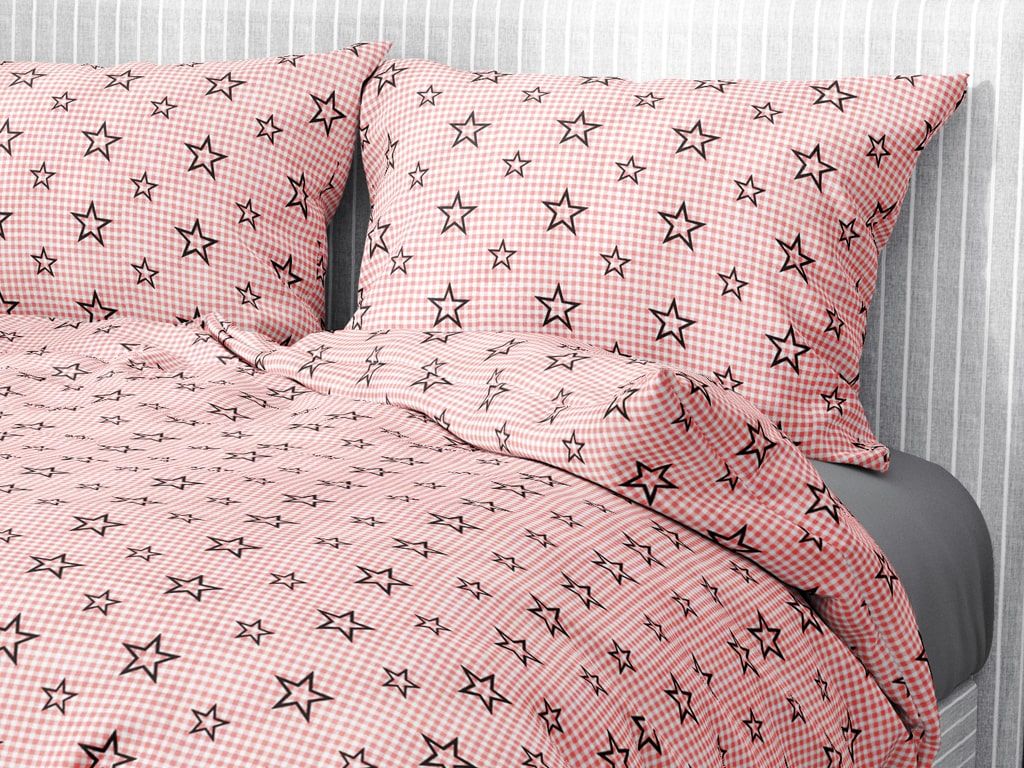 Lenjerie de pat din 100% bumbac - steluțe în carouri roz