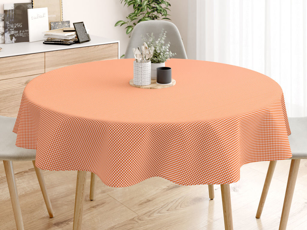 Față de masă decorativă MENORCA - carouri mici portocalii și albe - rotundă