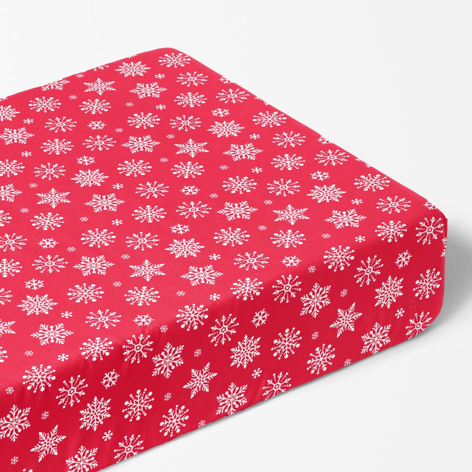 Cearceaf de pat bumbac 100% cu elastic - fulgi de zăpadă pe roșu