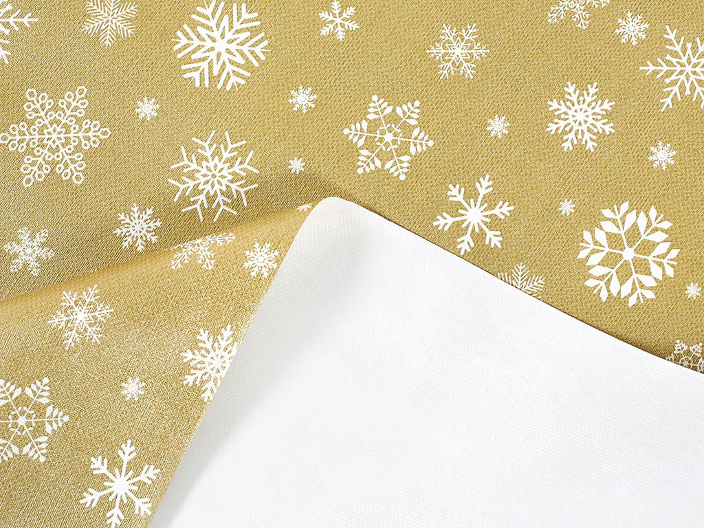 Față de masă din PVC cu dos textil - fulgi de zăpadă pe auriu