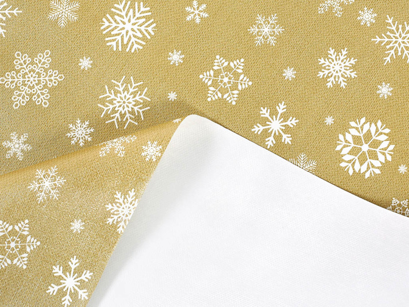 Față de masă din PVC cu dos textil - fulgi de zăpadă pe auriu