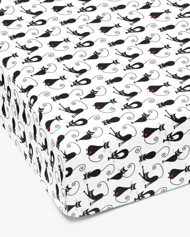 Cearceaf de pat 100% bumbac cu elastic - pisici negre pe alb