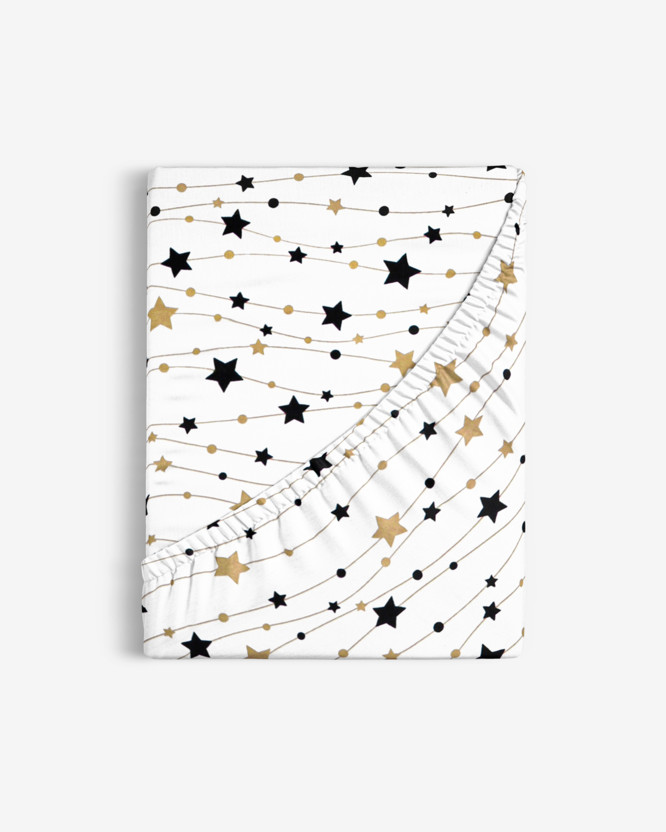 Cearceaf de pat bumbac 100% cu elastic - steluțe aurii și negre pe alb