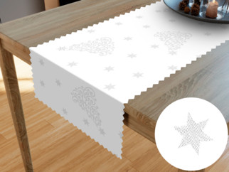 Napron de masă teflonat - model 1104 de Crăciun - brazi și steluțe argintii pe alb