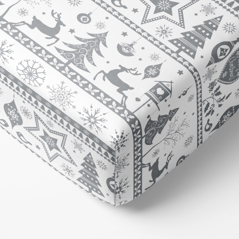 Cearceaf de pat bumbac 100% cu elastic - simboluri de Crăciun pe alb